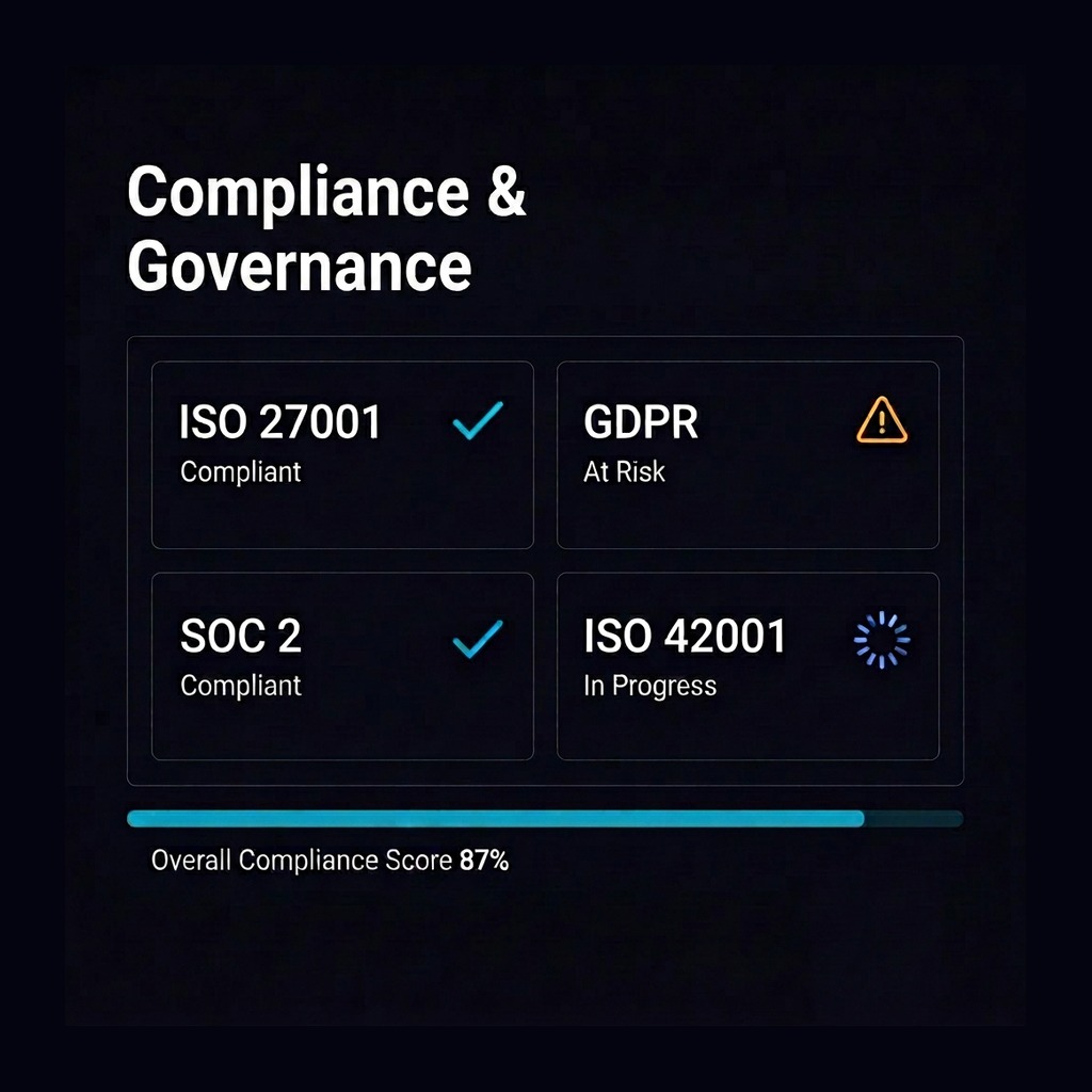 Compliance & Governance Dashboard, ISO 27001, GDPR, SOC2 metrics