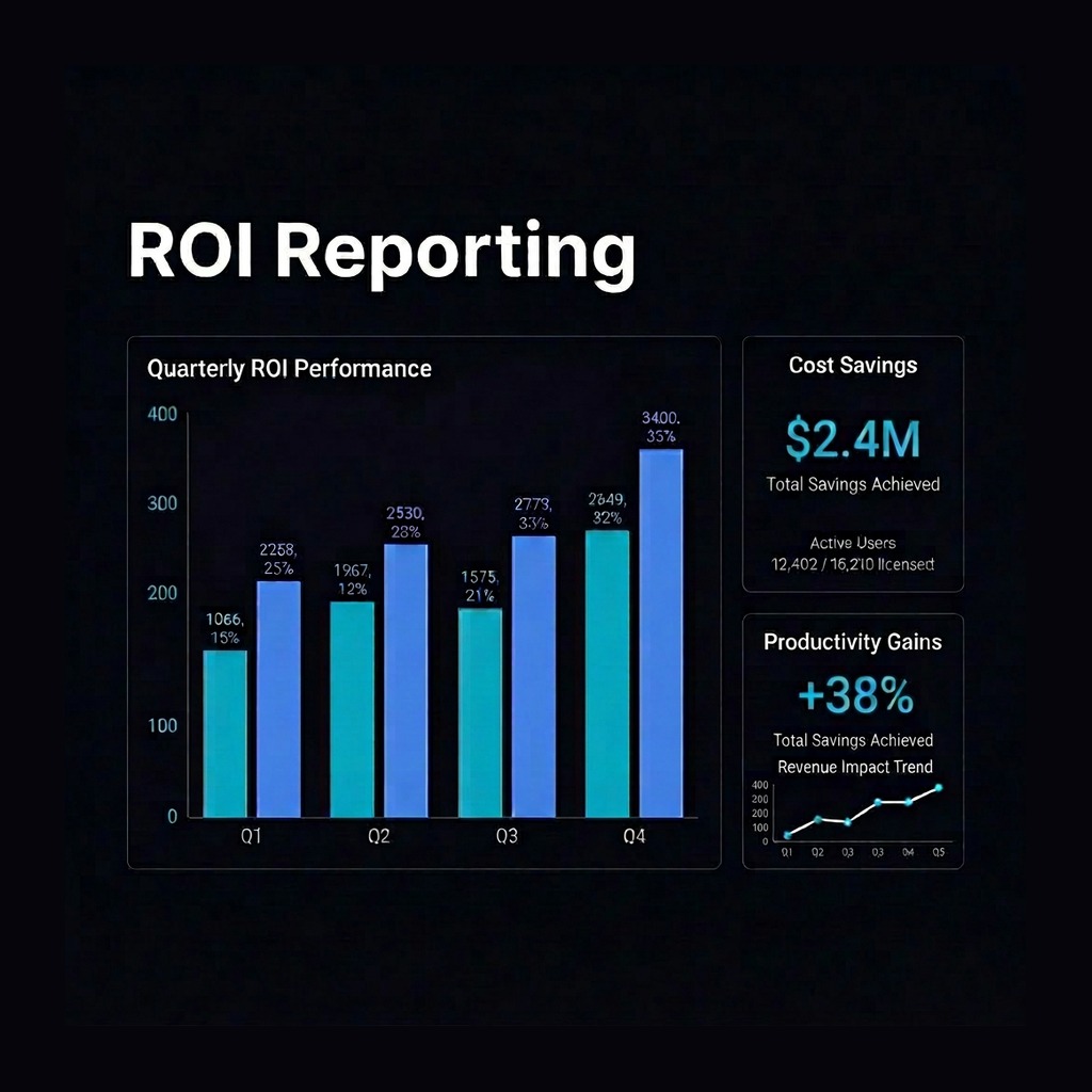 ROI Reporting Dashboard, cost savings, productivity gains, and revenue metrics